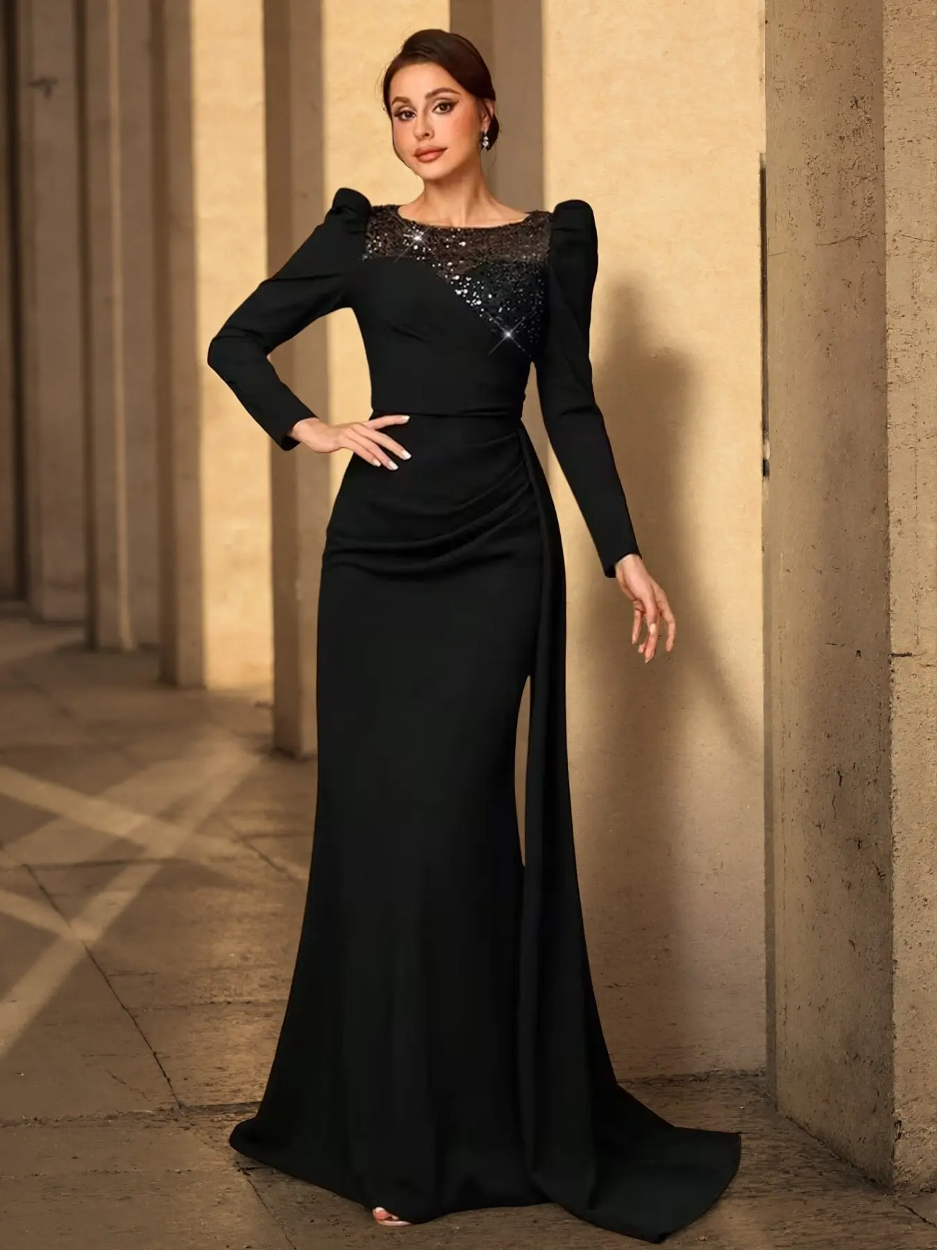 Women's Fall Winter Formal Evening Gown, Sequin Long Sleeve Ruched Design Mermaid Hem Wedding Guest Dress, Elegant Chic Party Wear, Mermaid Style Dress