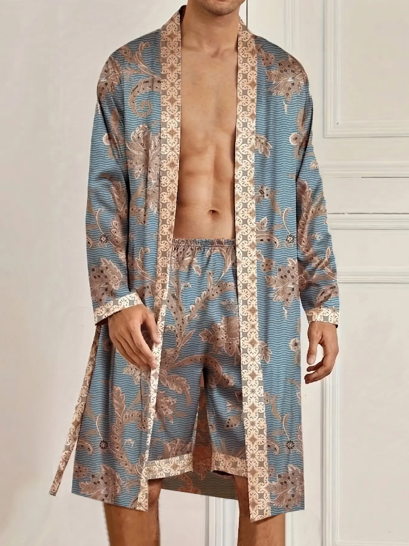 Men's Casual Oversized Long Sleeve Robe and Shorts Set Nightwear, Tie Design Bathrobe Pajama Loungewear, Ideal for Relaxing at Home, Perfect Gift for Him