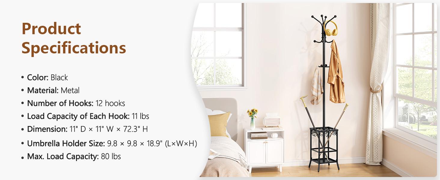 Coat Rack Freestanding, Coat Tree with Umbrella Holder, Metal Coat Rack Stand with 12 Hooks, Standing Coat Hanger Stand, Umbrella Stand for Entryway, Hat Rack Stand for Home Office, Black