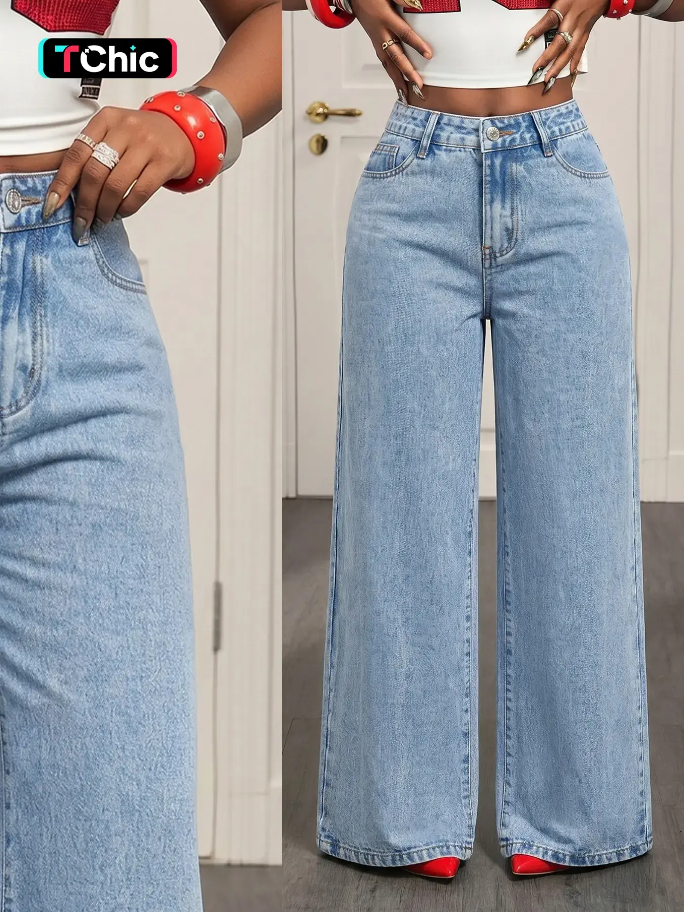 Elegant High-Waisted Slimming Jeans for Women, Versatile Loose Wide-Leg Denim Jeans, Comfortable Long Jean Bottoms for Daily Wear