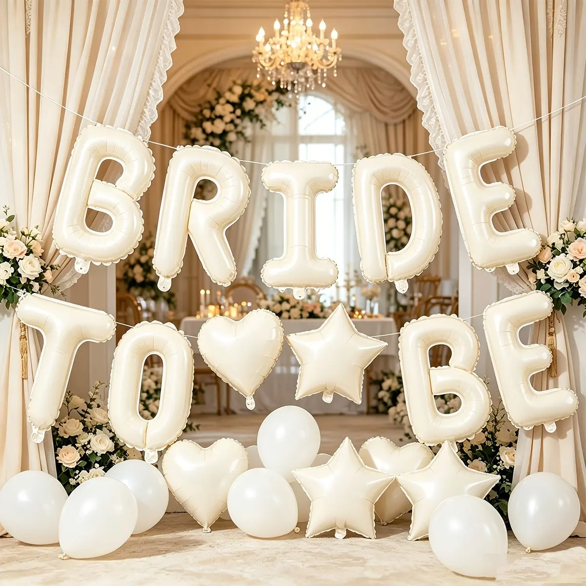 19Pcs Cream White Bride Foil Balloon Set, 16 Inch Bride Balloon, 18 Inch Cream White Heart & Star Balloons, With Straw & Ribbon, White Wedding, Bridal Shower, Bachelorette Party Decor Backdrop Supplies