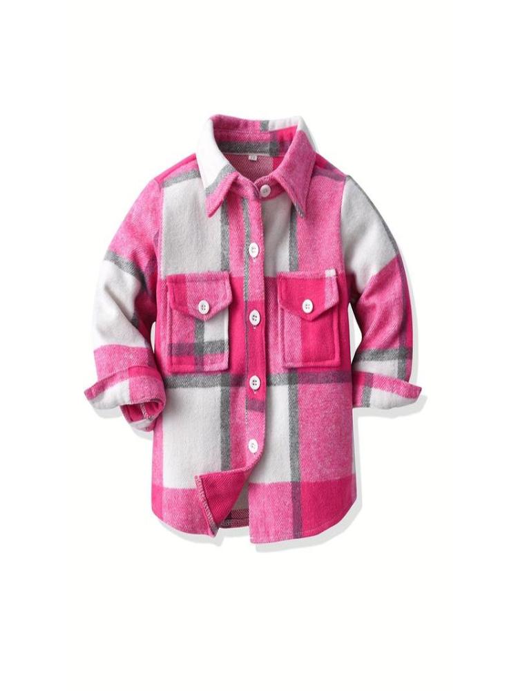Kids' Preppy Plaid Long Sleeve Shirt, Cotton Blend,-Stretch Woven Fabric, Loose Fit with Lapel Collar, Button Placket, Regular Sleeve, Fall/Winter Warm for Boys Girls