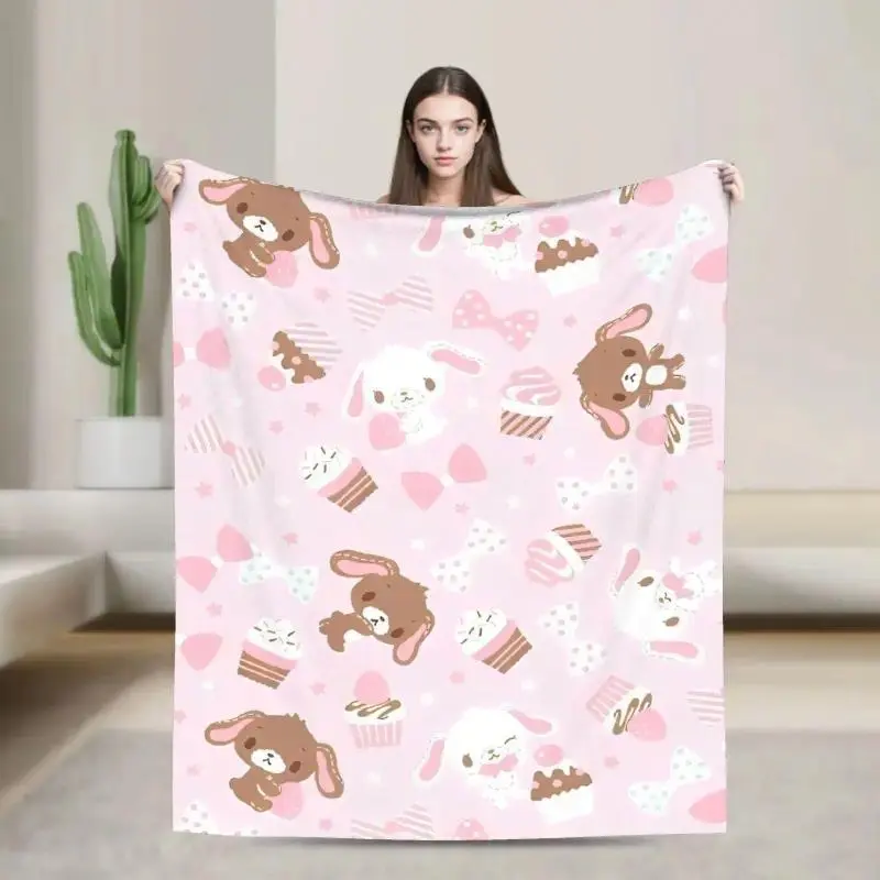 Sugarbunnies Cartoon Print Flannel Fabric Throw Blanket, Ultra Soft Cozy Warm for Home Use, Matches Couch Cover & Bedding Set Comforter, Kawaii Rabbit Gift for Kids Cartoon Fans