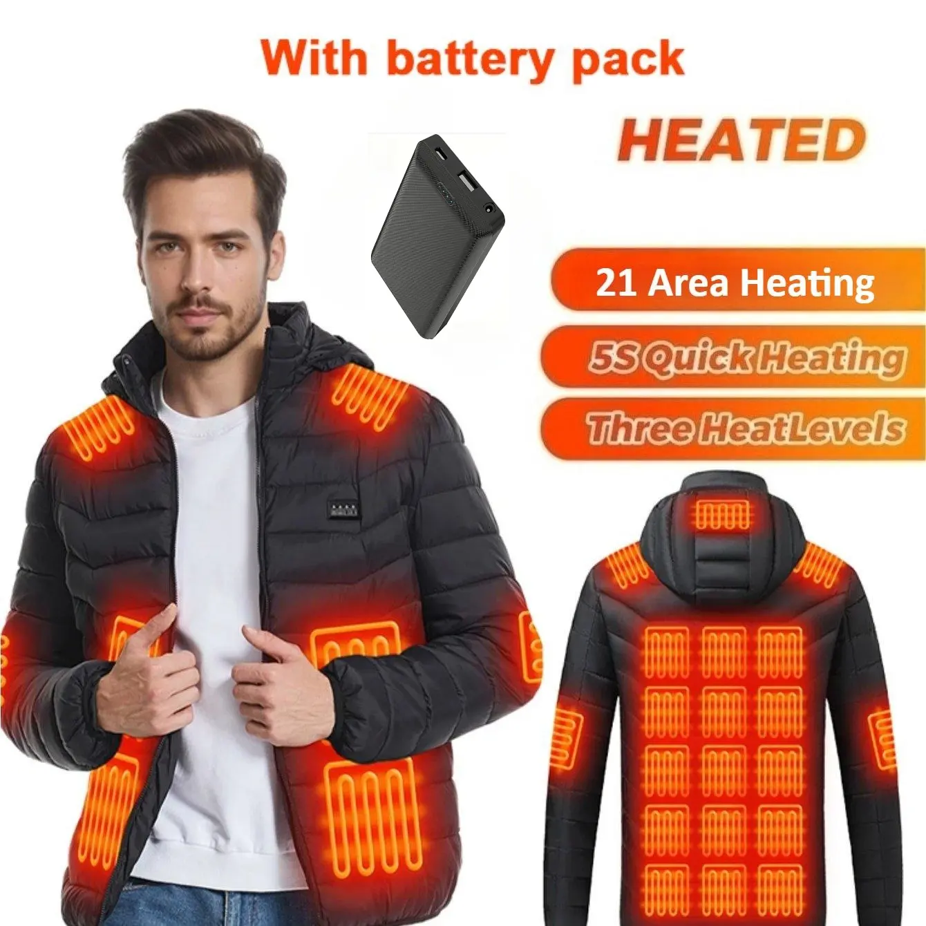 Men Women's Heated Jacket USB powered,3 Heat Levels, 21 Zones,Zip-Up,Warm Outerwear for Outdoor Activities camping,Fishing Skiing Heated Outdoor Gear USB Powered Jacket Winter Wear
