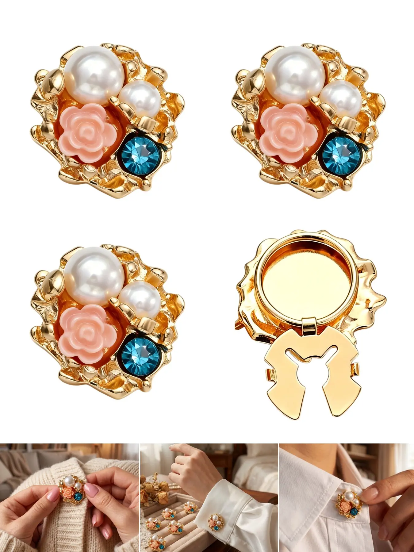 4PCS Pearl Rhinestone Flower Button Covers, Decorative Shirt Button Covers, Detachable Reusable Cuff Button Accessories for Women , DIY Clothing Decorations for Shirts, Suits, Dresses and Pants