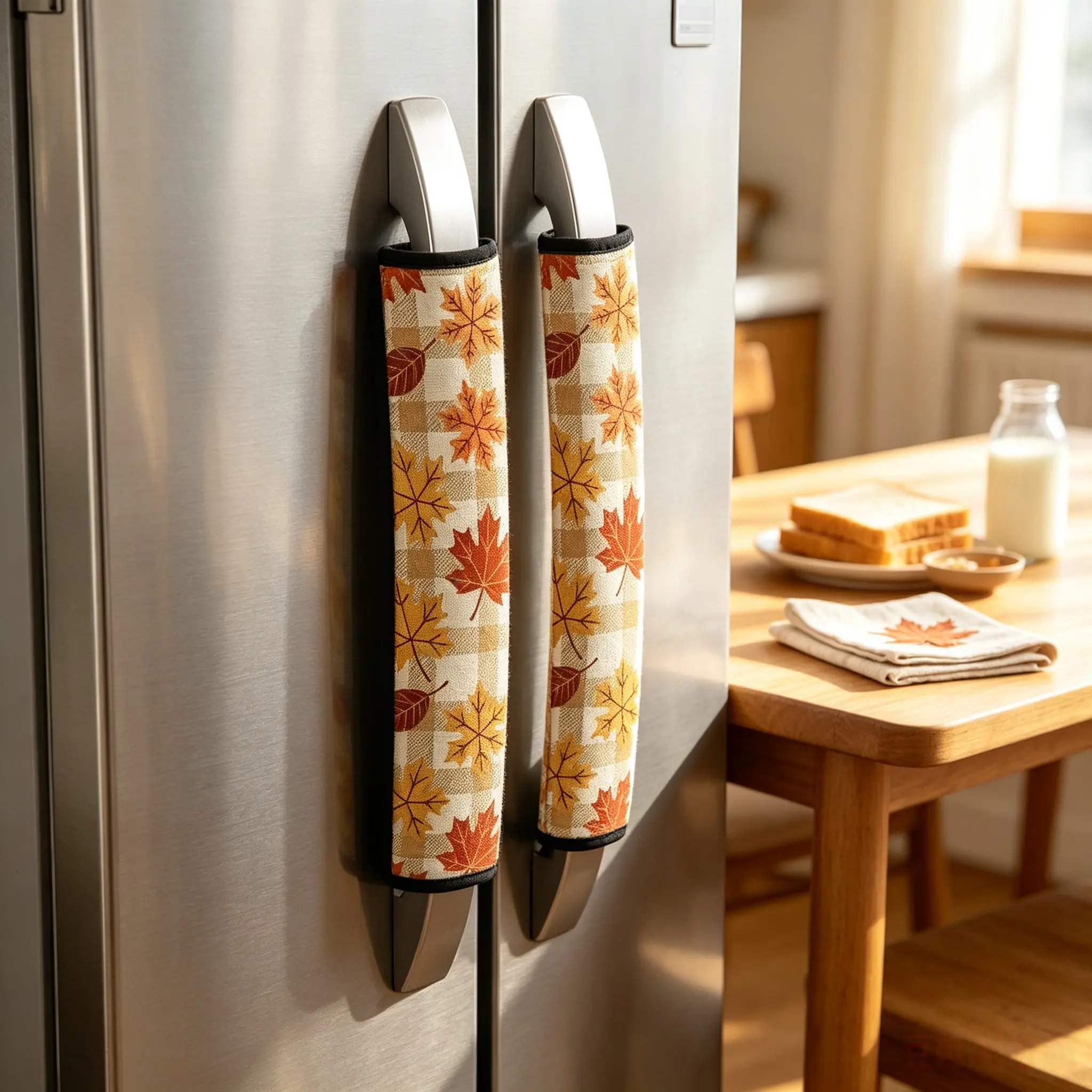 2pcs Autumn Maple Leaf Design Microwave & Refrigerator Handle Covers Set, Polyester Cover, Suitable for Fridge, Microwave, Oven, Dishwasher