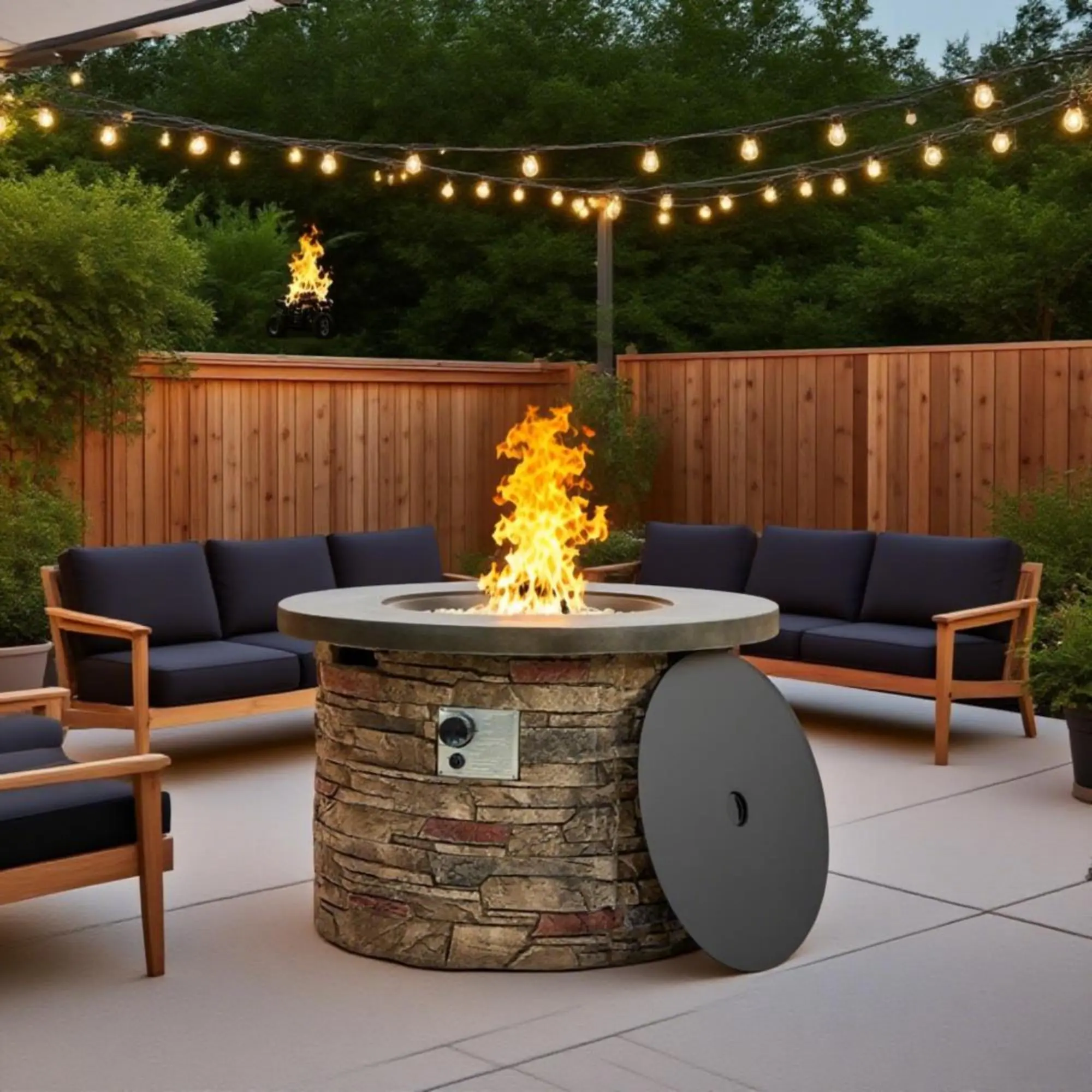 ARCH 36-Inch Round Propane Gas Fire Pit Table 50,000 BTU Concrete Outdoor Firebowl with Adjustable Flame Control, Pulse Ignition, Stainless Steel Burner, Beige Multi Finish for Patio Deck Garden Backyard Gatherings, Beige Multi Color Options