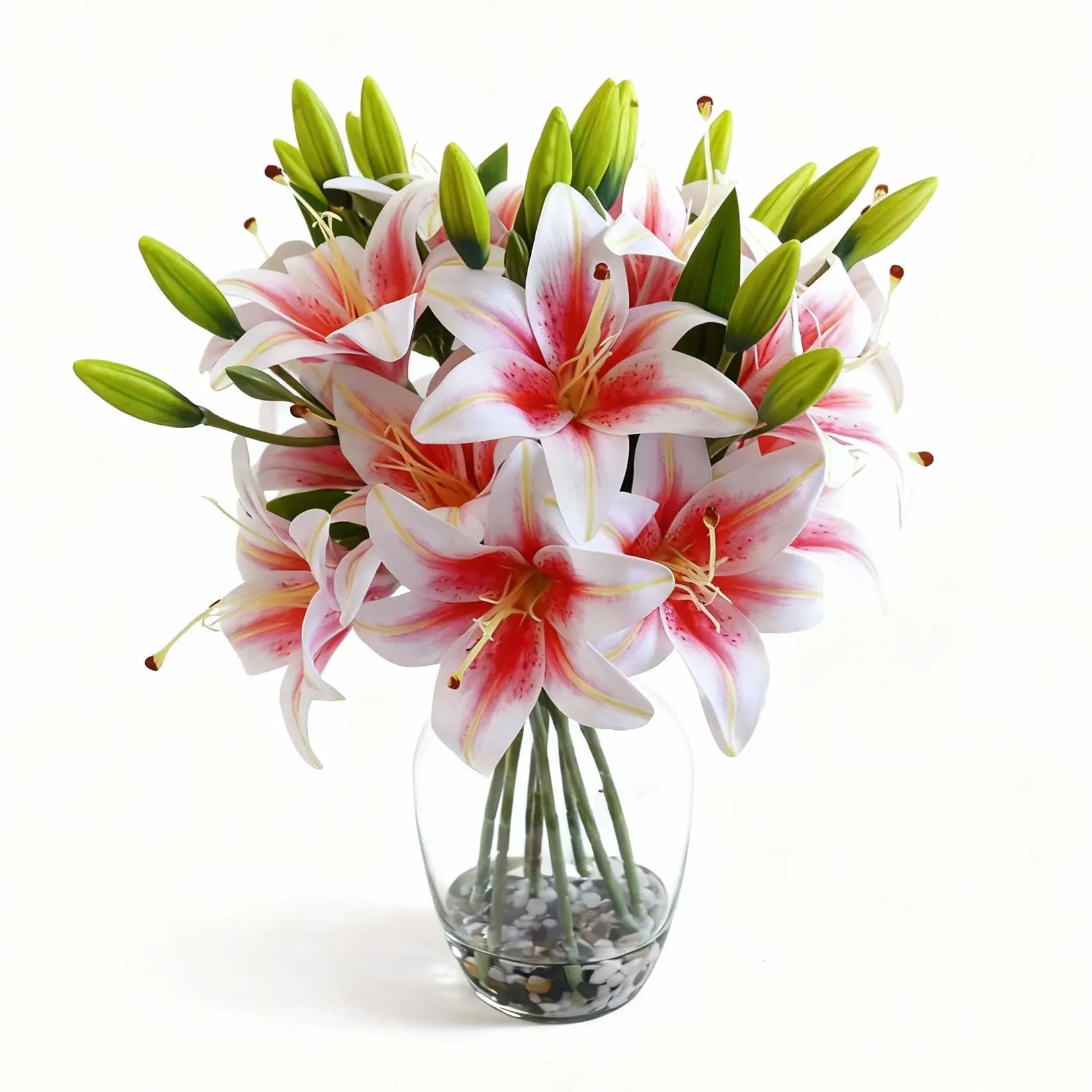 Real Touch Artificial Lilium Glass Vase Bouquet with Faux Water - Decorative Lifelike Orange-Pink Silk Floral Arrangement - Elegant Home Centerpiece - Ideal Gift for Anniversaries, Birthdays