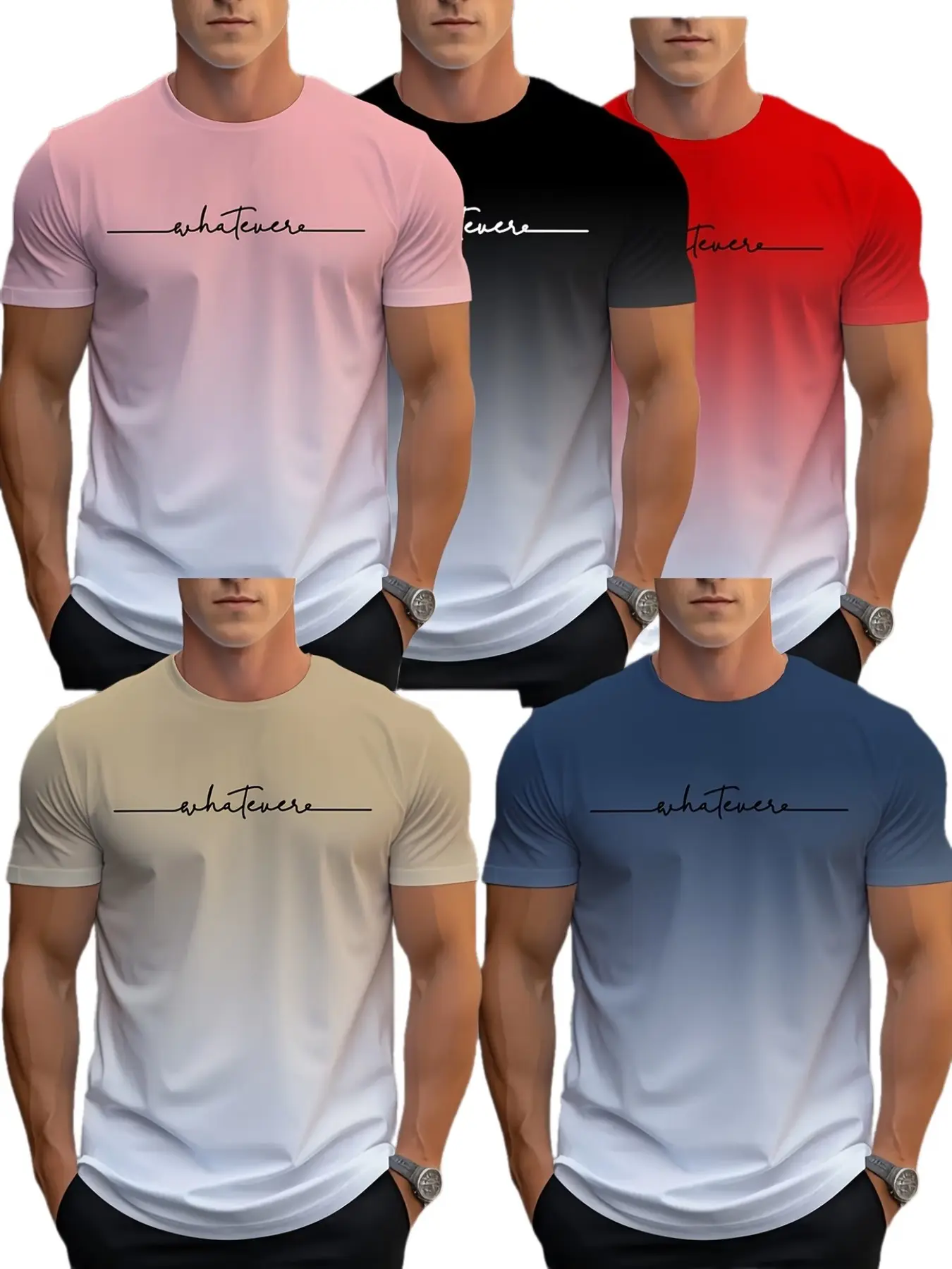 5-Pack Men's Gradient 3D Digital Print T-Shirts, Quick-Dry Slim Fit Short Sleeve Tees, Casual Streetwear Outdoor Commute Wear, Tops, All Seasons