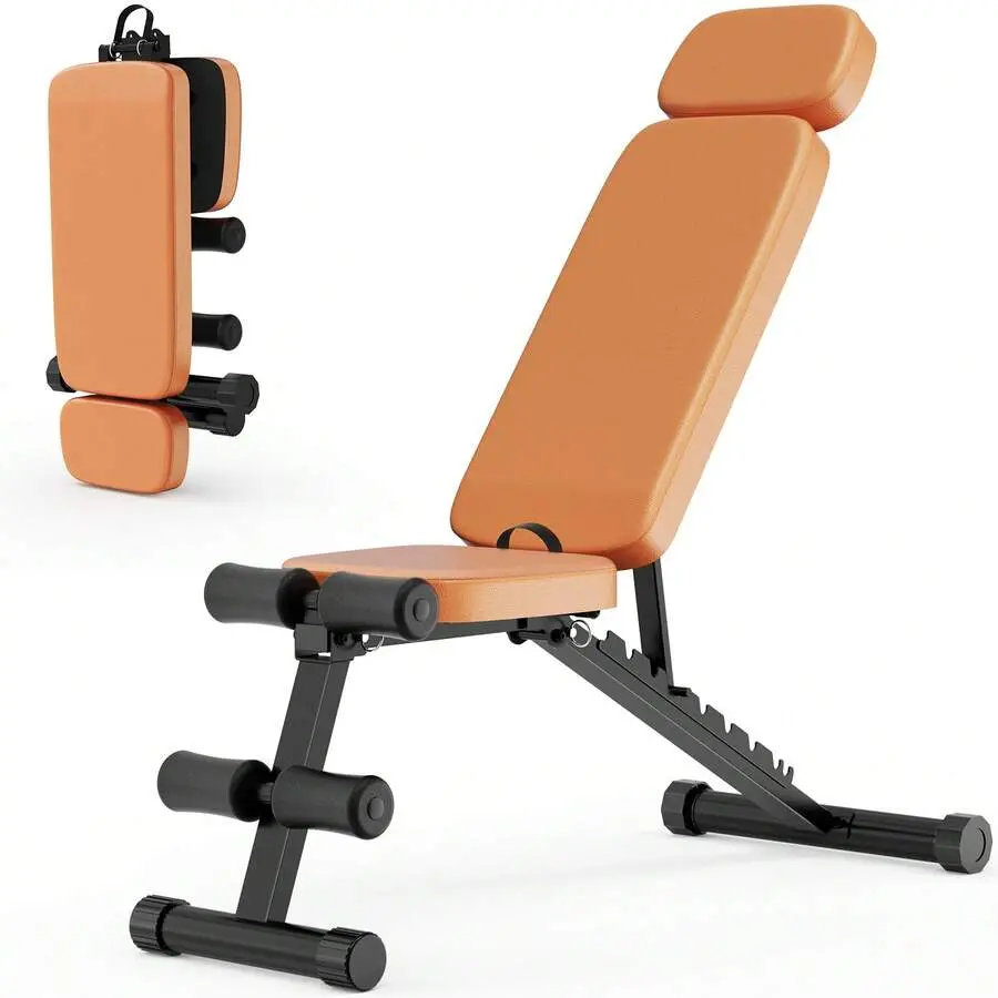9-level adjustable weight training chair, foldable fitness chair, suitable for home gym full-body workouts, supports up to 800 pounds, brown and black