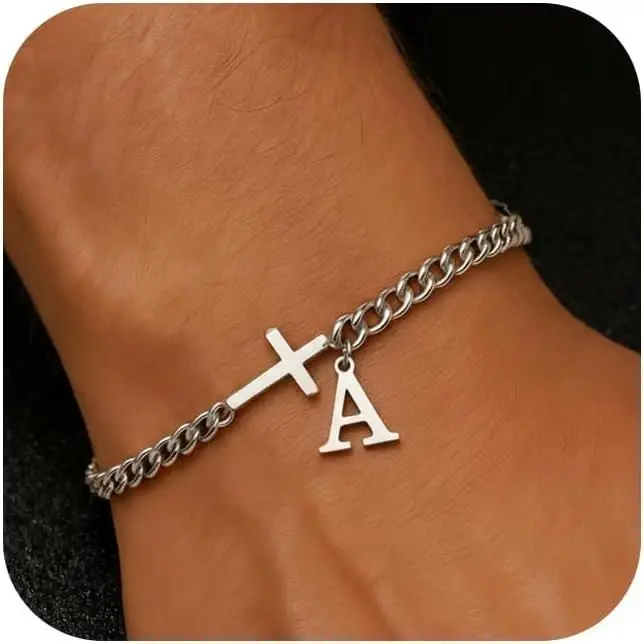 Men's Cuban Link Bracelet – Monogram Initial Letter & Cross Pendant Chain, Viral TikTok Men's Fashion & Trendy Faith Accessory, Customized Letter Band & Tarnish-Resistant Daily Wear Jewelry for Streetwear Style, Church Gathering & Gift for Men
