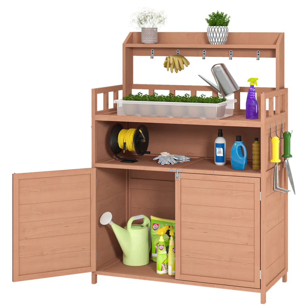 Sturdy Solid Fir Waterproof Wood Potting Workbench - Outdoor Gardening Workstation with Practical Raised Legs, Large Storage Cabinet, Top Shelf, 3 Side Hooks, 39.37in*18.9in*12.2in for Patio, Coffee Bar Use