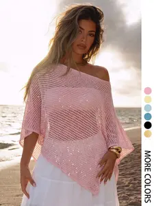Elegant Women's Spring Summer Fashion Casual Home Holiday Beach Vacation Basic Simple Fitted Solid Color Knit Hollow Out Sequin Round Neck Long Sleeve Pullover Tops Knitwear Womenswear