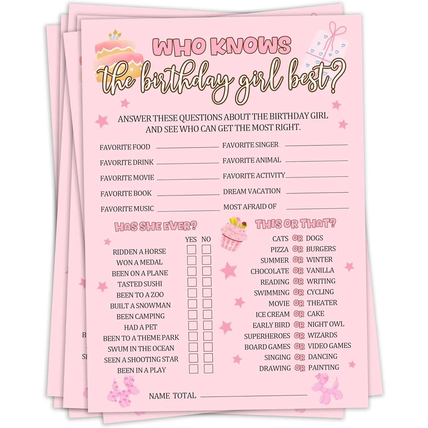 Birthday Party , Who Knows The Birthday Girl , 25 count Double-Sided Fill-in Card Set for Guests, Fun Birthday  for Teen Adults - A09