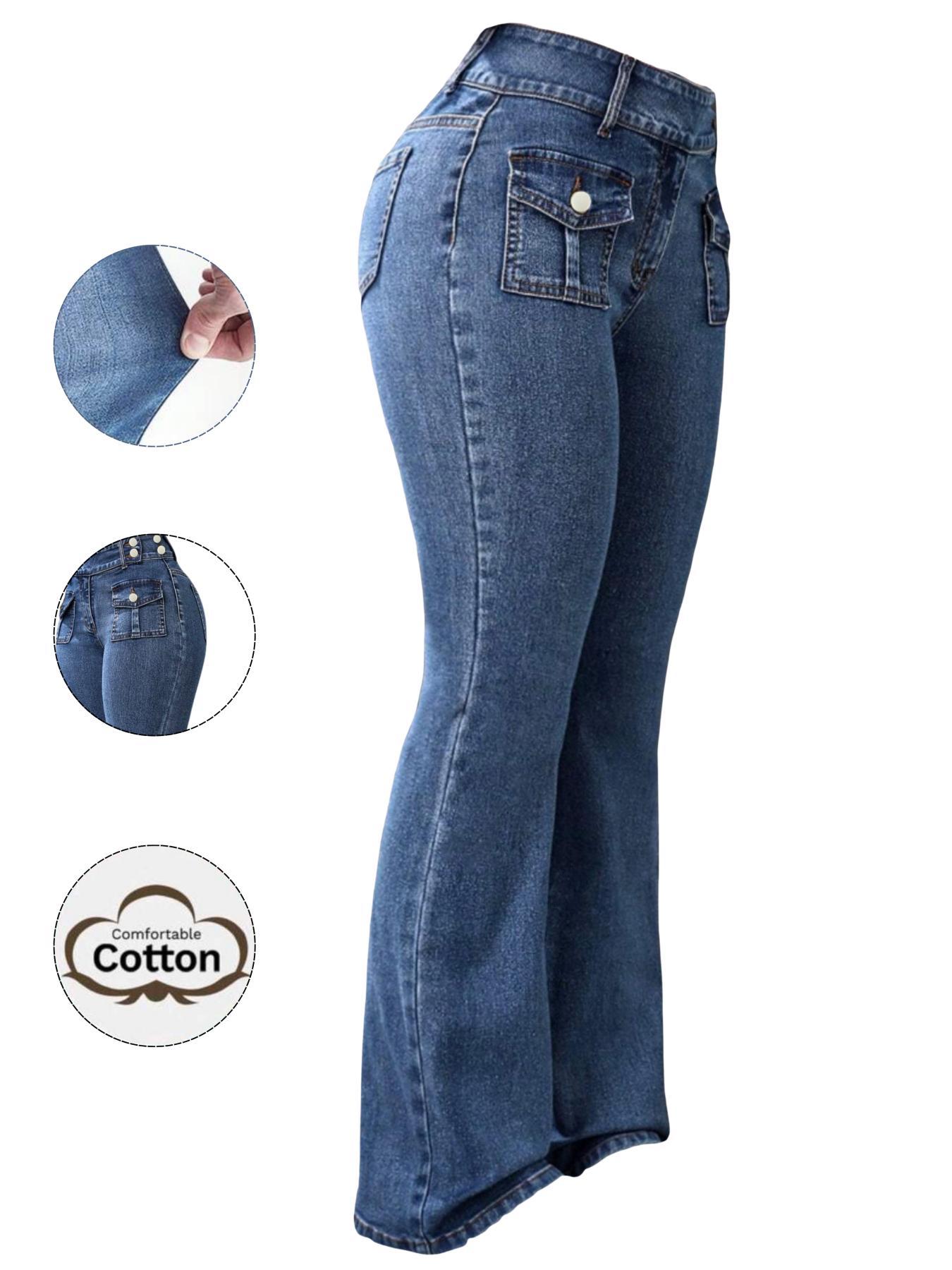 Women's Pocket Leg Stretchy Jeans, Flared High Waist Casual Comfy Bell Bottom Denim Trousers for Daily Wear, Ladies Bottoms for All Seasons Women's Pocket Leg Stretchy Jeans, Flared High Waist Casual Comfy Bell Bottom Denim Trousers for Daily Wear, Ladies Bottoms for All Seasons