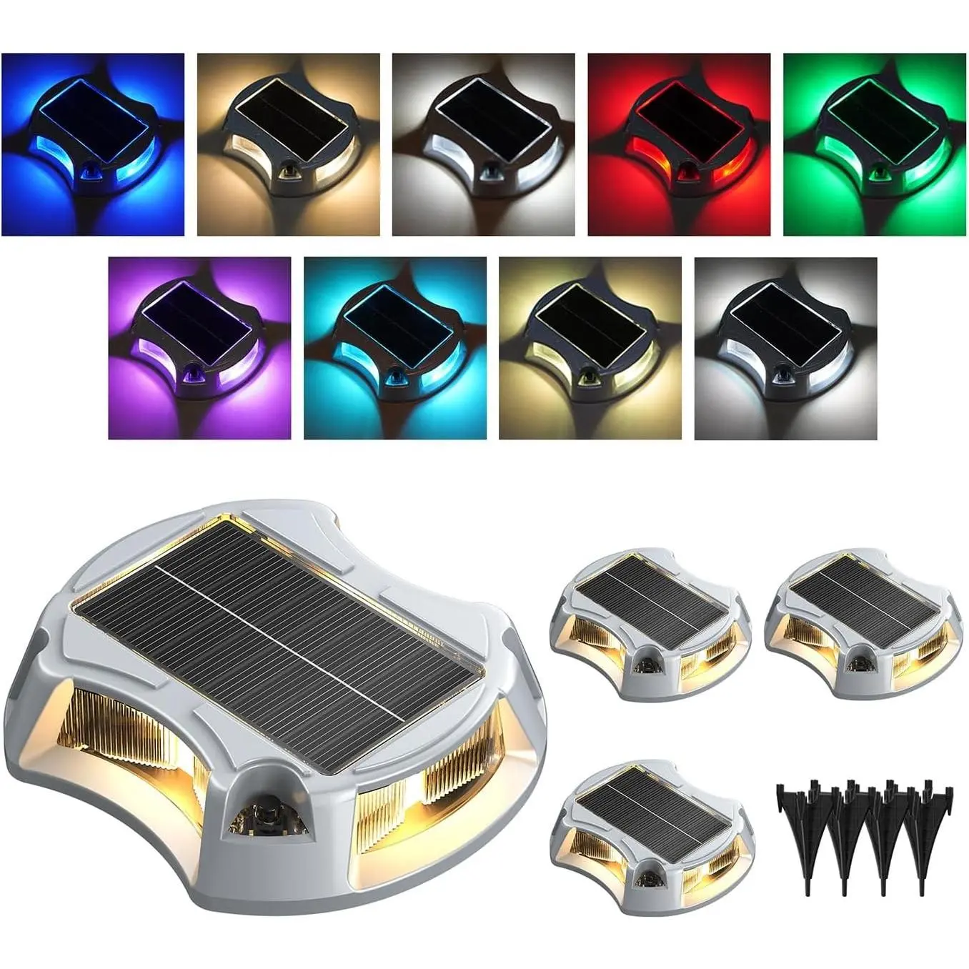4Pack Solar Driveway Lights Aluminum Alloy Solar Deck Light IP68 Outdoor Waterproof Multi-Color LED Driveway Markers for Driveway Sidewalk Pathway [RGB/Fix-Color/Strobe]