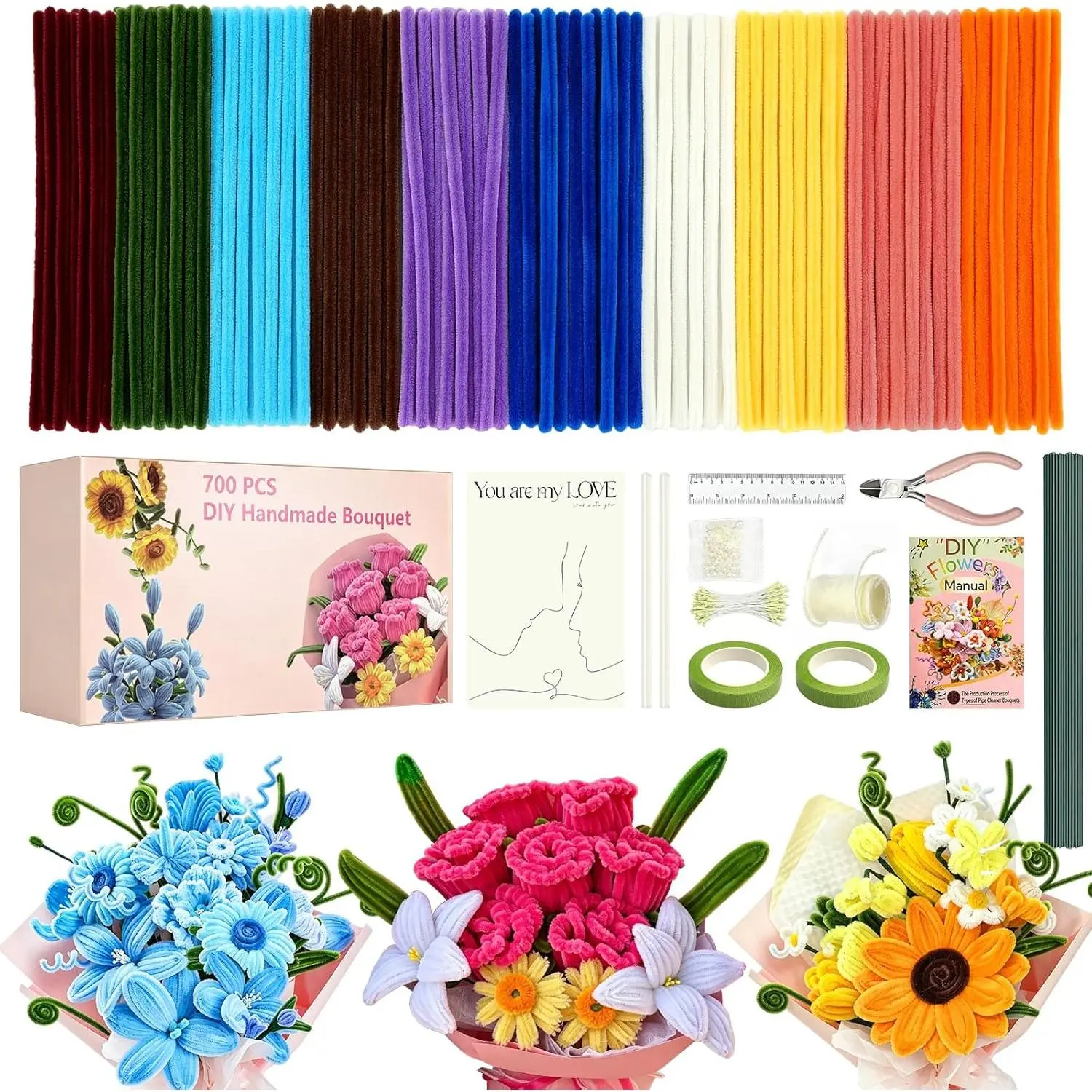 700 count Thick Pipe Cleaner  Kit,10 Colored Pipe Cleaners Craft Bulk,Chenille Stems with Manual & Video Tutorial,Art DIY Bouquet  Box for Party Decorations/Family Fun/Festival