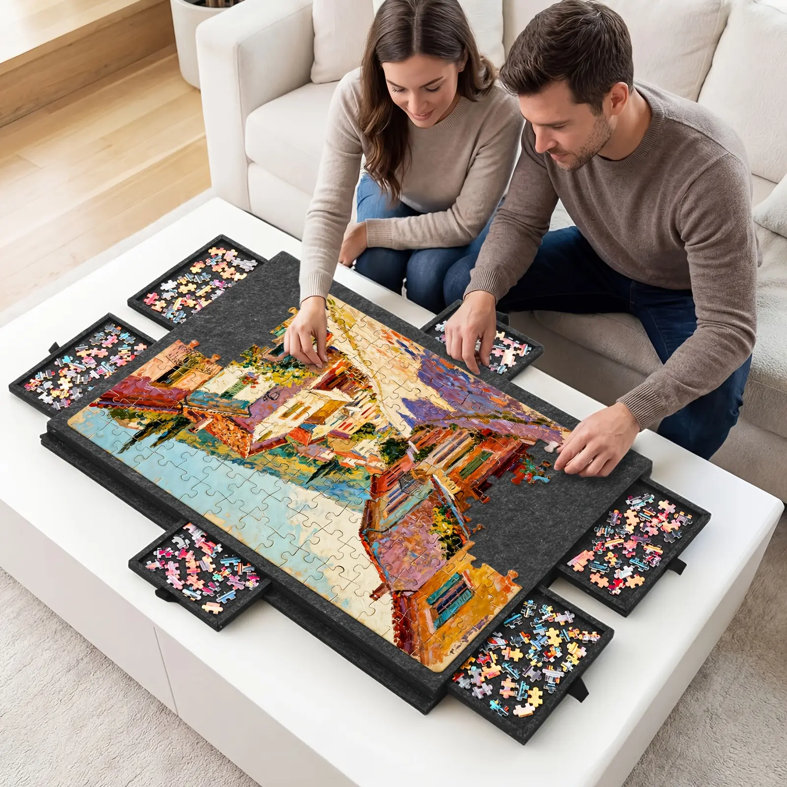 Foldaway Puzzle Board Felt Mat for Up to 1000/1500pcs Of Jigsaw Puzzle, Portable Puzzle Table with 6 Drawers (Extra Large)