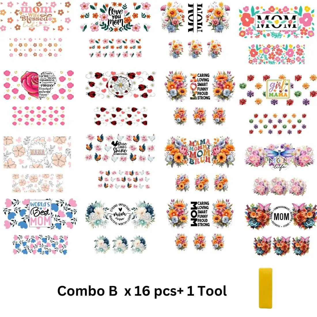 16 Sheets UV DTF Creative Stickers + Tool, Butterfly Floral Theme, DIY Craft Supplies, Holiday Gifts, Personalized Decorations