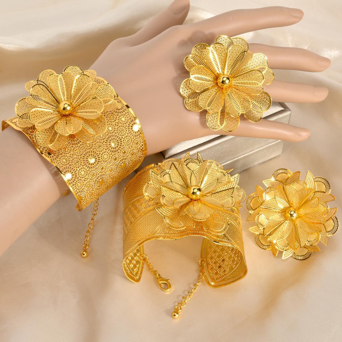 ZEADear Luxury Gold Plated Bangle Ring Sets Dubai Ethiopia France Indian Flower Rings Bracelet For Women Wedding Jewelry Gift