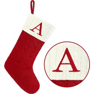 20 Inches Large Knit Embroidered Letter A Monogram Red White Christmas Stockings for Family Holiday Xmas Tree Fireplace Decor