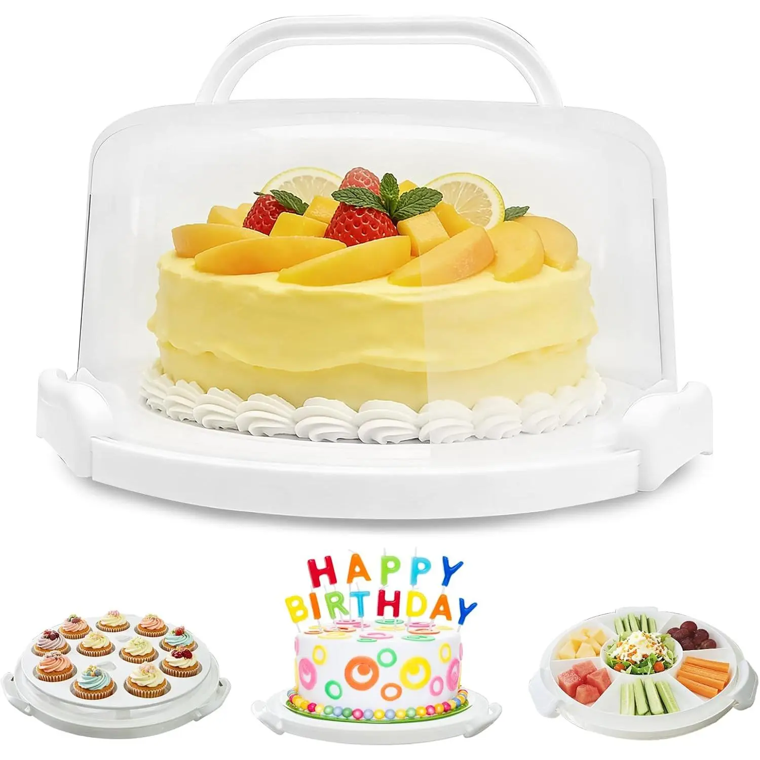 Plastic Cake Carrier with Lid and Handle, Multipurpose Cake Stand | Holder Container for 11 in Cake, Round Cupcake Storage Box Serving Tray with Cover for Bundt Dessert Pie Pizza Eggs Fruit