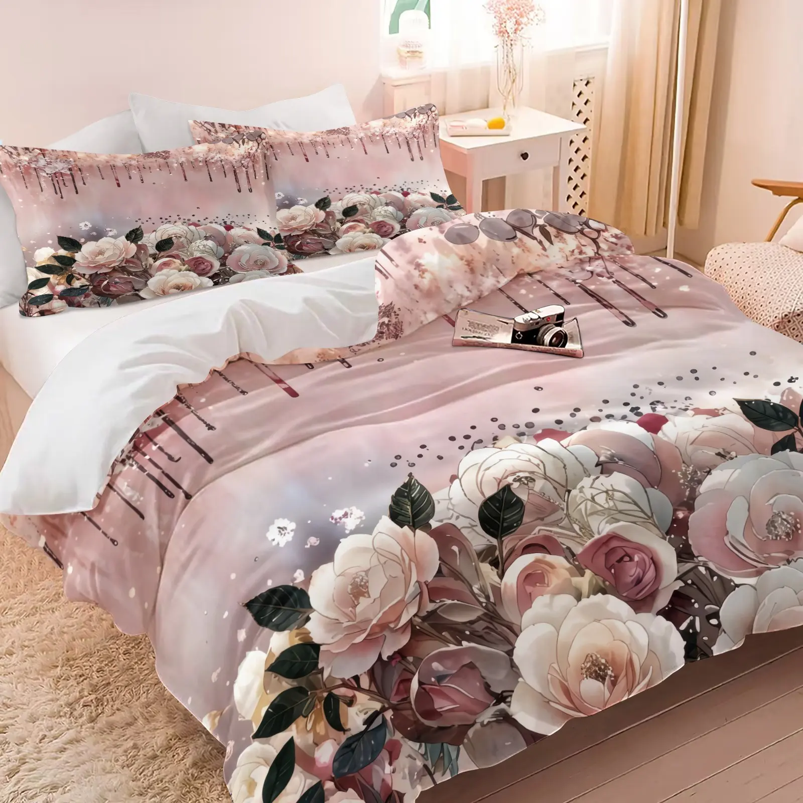 Romantic Pink Rose Floral Print Duvet Cover Set, 1 Duvet Cover & 1/2 Pillowcases No Filling, Soft Microfiber Bedding Set, Watercolor Flower Themed Bed Linens, Present Idea Home Decor for Women
