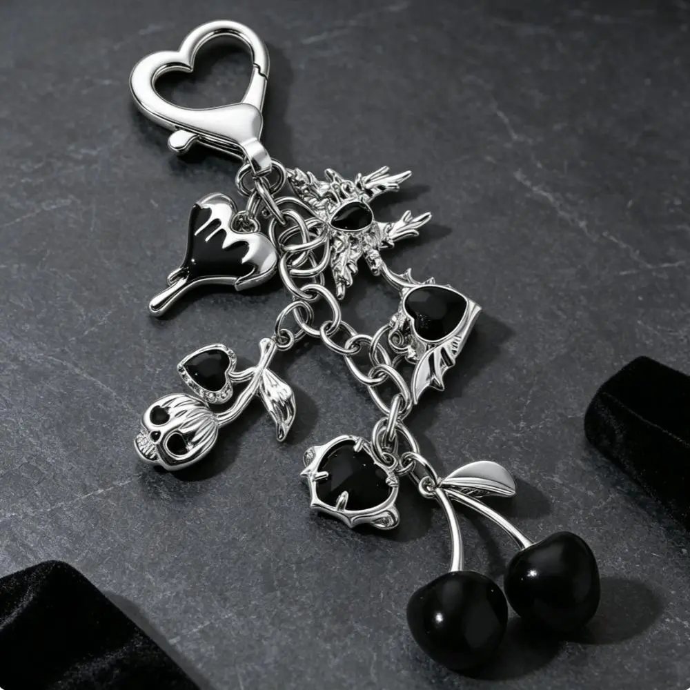 Dark Y2K Multi-Charm Metal Keychain | Melted Heart Skull Black Cherry Devil Wing Layered Bag Clip Grunge Accessory