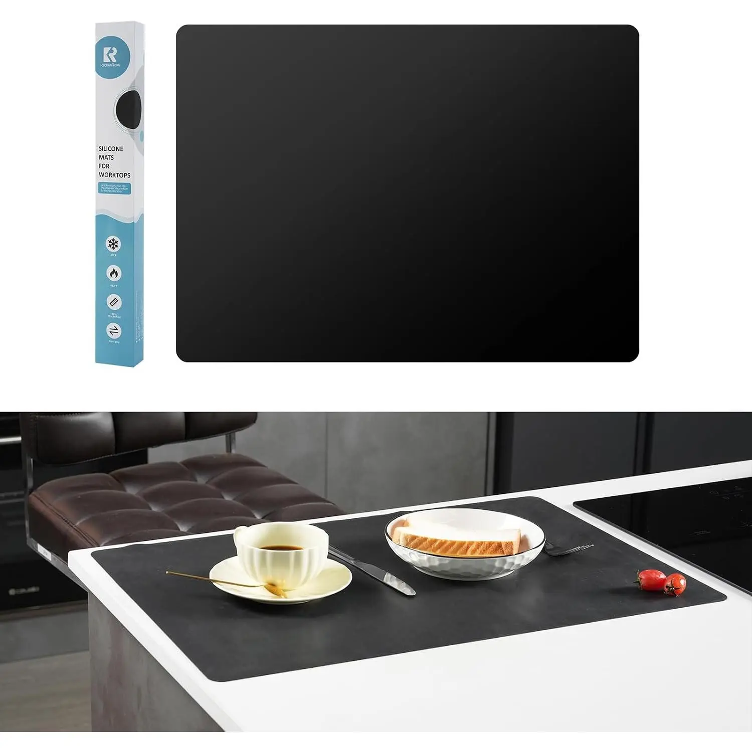 Mat for Kitchen Worktop Protector, 23.6x15.7 In, Black | , Heat Resistant -40°F To 482°F, Versatile Mat for Dough Rolling, Kneading, Crafts, and Worktop Protection, Cuttable