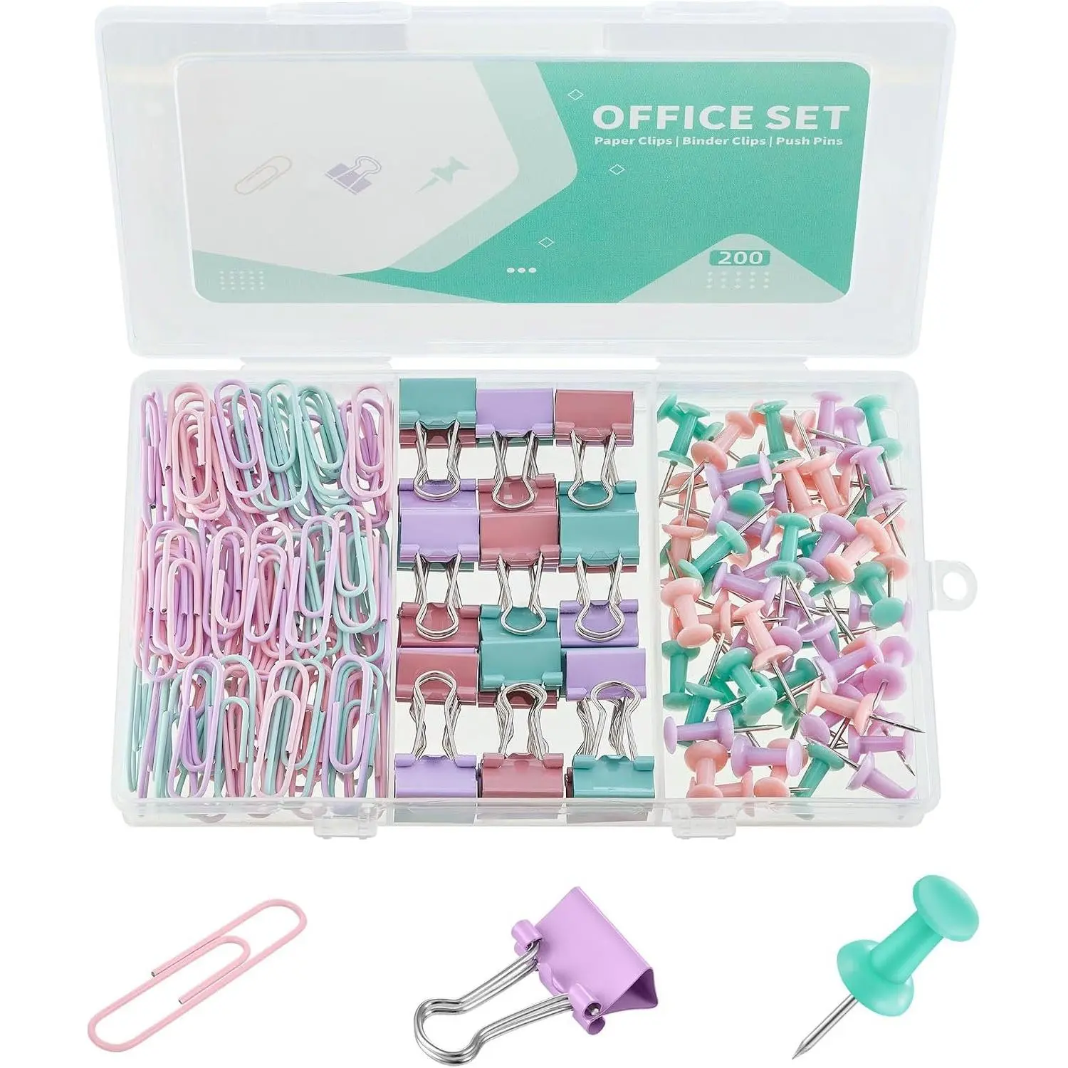 200 count Paper Clips Binder Clips and Push Pins Set, Mini Clips and Thumb Tacks for Multipurpose Document Organization ()