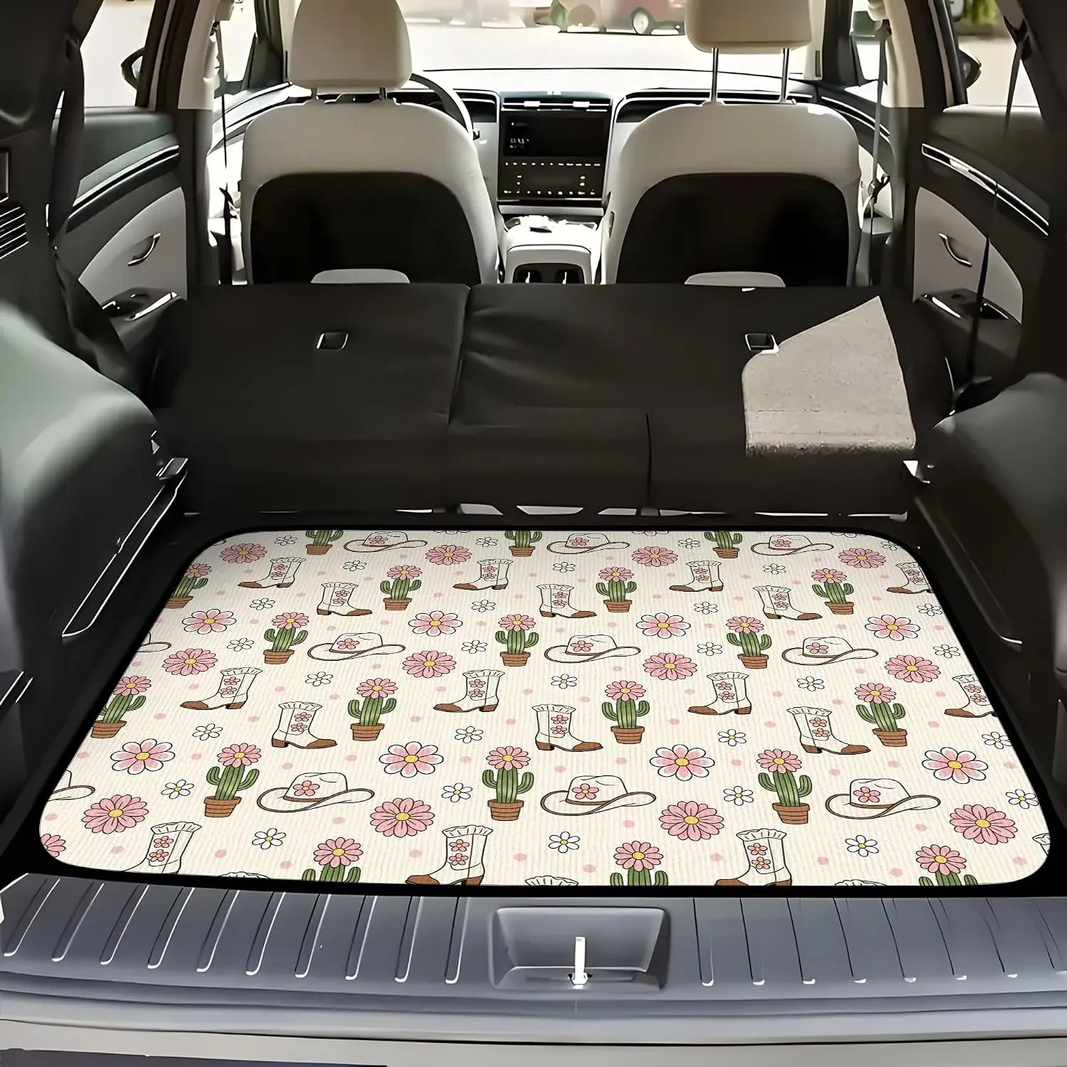 39"x30" Universal Car Trunk Mat - Car Accessories, Non-Slip Waterproof Protector Floor Mats, Floral Cactus Western Boots Print Cargo Liner for SUVs, Easy-Clean Pad for Dogs, Accessories For Car
