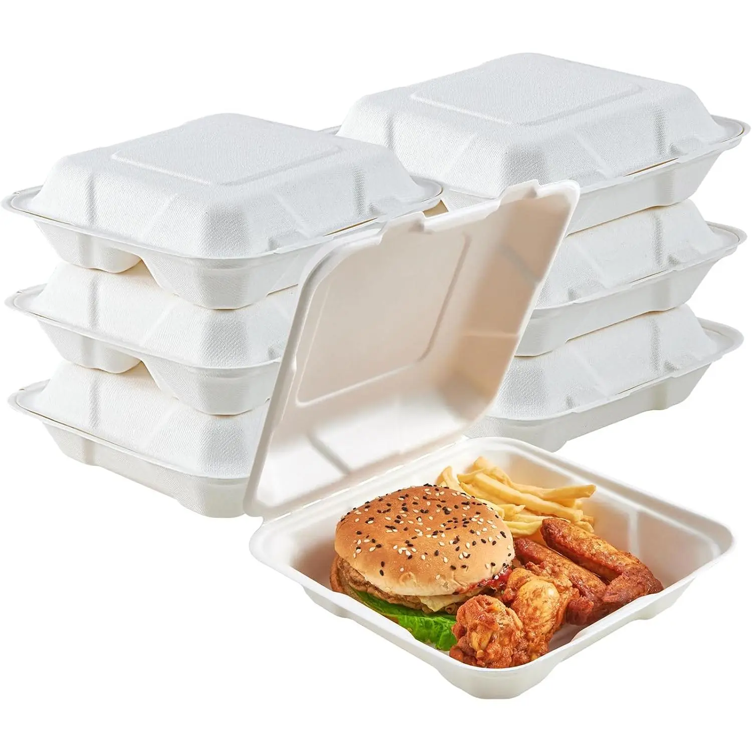 50 Pack Compostable Clamshell Take Out  Containers, 8 inch | Heavy-Duty Disposable To Go Boxes,   To Go Containers For ,  for Next Day Lunch, Party