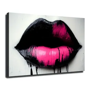 This is a 2D modern abstract canvas wall art, featuring glossy pink lip color. It is a striking piece of art with a framed surround design, ready to be hung at any time. It is perfect for decorating the home, office, bedroom, and living room, Wall decor