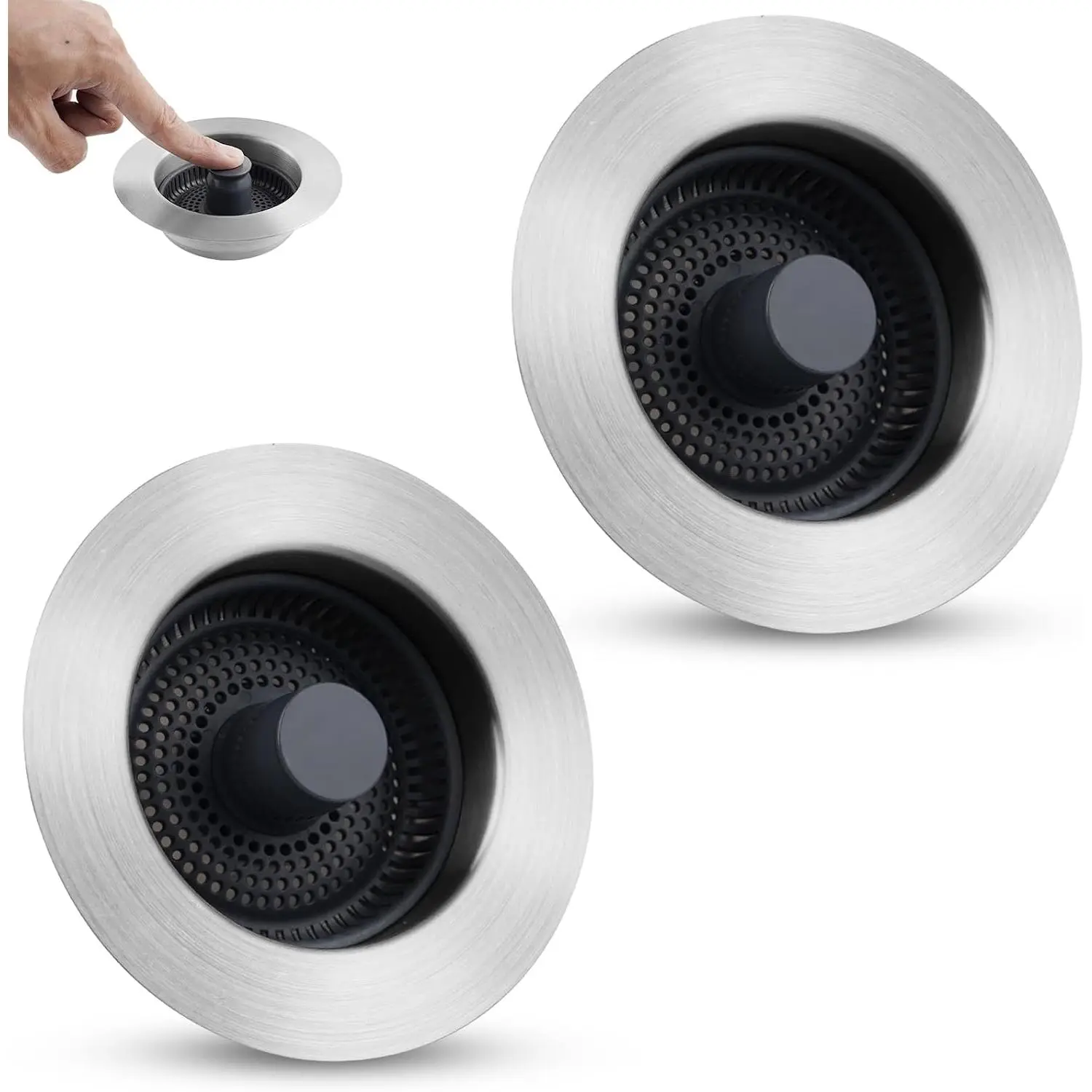 2 Pcs 3-in-1 Stainless Steel Kitchen Sink Stopper Strainer, Smooth Modern Pop-Up Drain Strainer with Handle Rod, Rubber Anti-Clog Fit for 3-1/2 in Standard Drains, for Daily Use