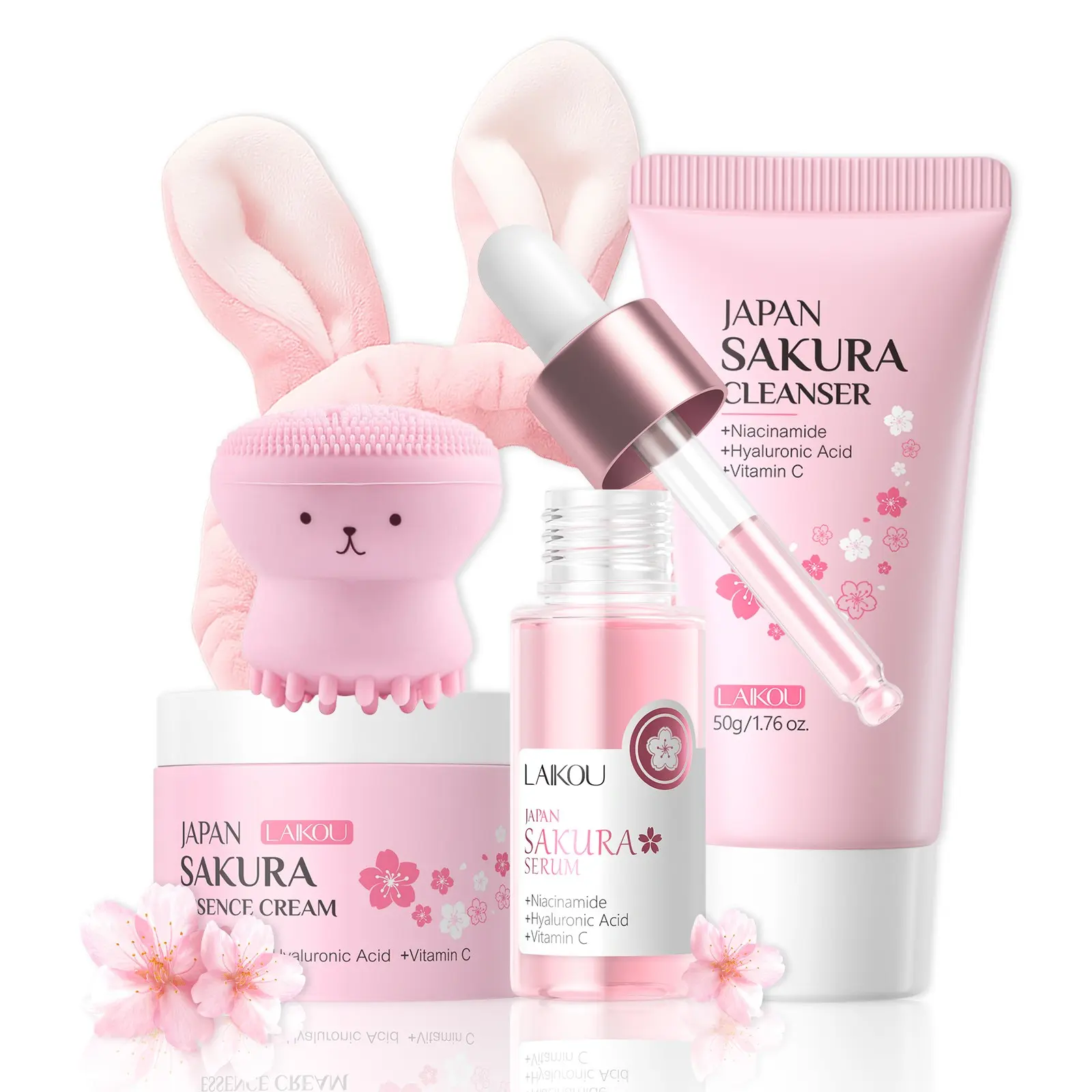 Skincare Set Sakura Teen Girls Gifts Christmas Birthday - Skin Care Set for girls Ages 8-12 - Hydrating Skincare for Teens 10-12 - Travel Size Facial Kit for Women with Cleanser,Bunny Headband（5pcs), TSA-friendly Sizes Hydration Set