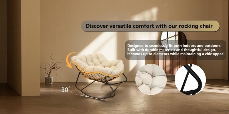 Bellemave]Outdoor Rocking Chair, Patio Egg Rocking Chair, Indoor Papasan Chair, Rattan Wicker Lounge Chair, Modern Royal Chair for Bedroom, Living Room, Porch, Garden,Lawn-Beige