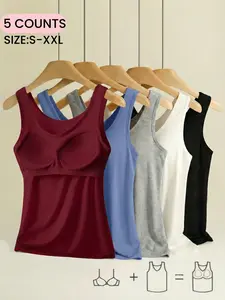S-5XL,Women's Built In Bra Strap Tank Tops, Seamless Underwear, Soft Comfortable Plain Design, Casual Fitted Sleeveless Vest