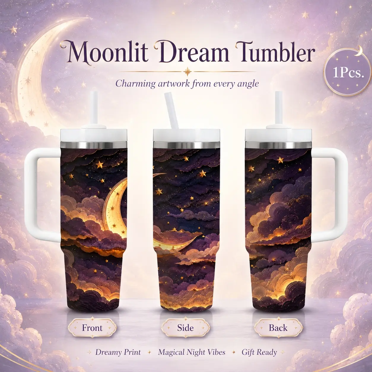 Dreamy Celestial Galaxy Vacuum Flasks 40oz Stainless Steel Vacuum Insulated Tumbler with Handle & Straw | Long-Lasting Cold & Heat Retention, Leak-Resistant | For Iced Coffee, Water, Office, Gym & Travel