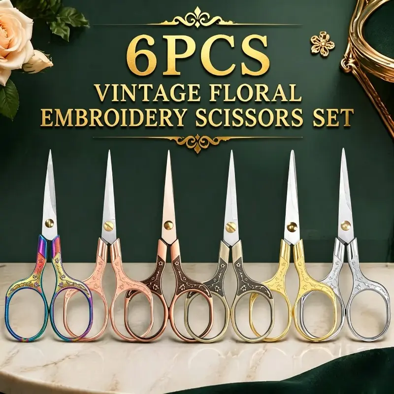 6Pcs Vintage Stainless Steel Embroidery Sewing Scissors Set with Ornate Floral Handles, Precise-Cut Craft Tools, Fabric Thread Snips for Office Cutting Supplies