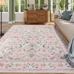 Garvee Washable Area Rug, 9x12 Boho Floral Soft Rugs for Living Room, Non Slip Low Pile Carpet for Bedroom, Dining Room, Nursery, Hallway, Pink