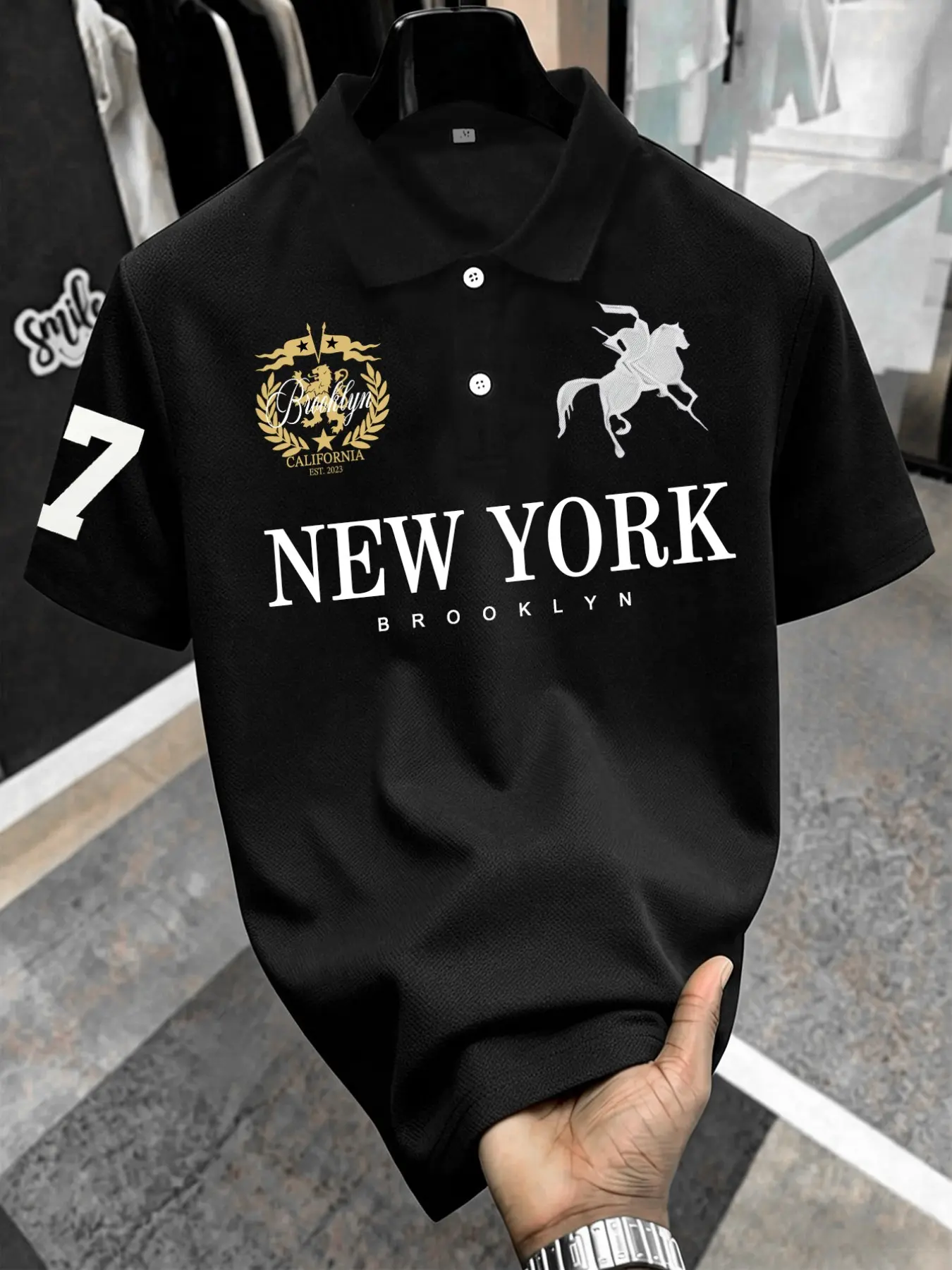 Men's Classic Short Sleeve Collared Polo Shirt, New York Knight Emblem Print, Comfortable Knit Fabric, Casual Business Style, All-Season Fitted Top