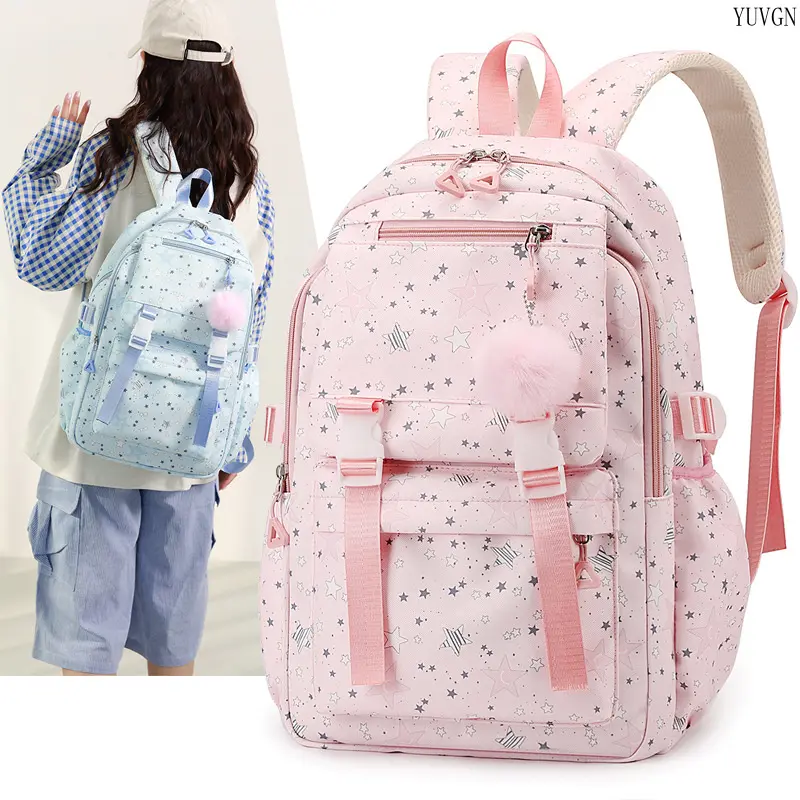 Star Print Backpack with Fluffy Pom Pom Charm, Popular Dual Buckle Multi Compartment Daypack for Junior High Girls, Roomy Daily Carry Bag Ideal for School Trips Shopping & Weekend Outdoor Activities