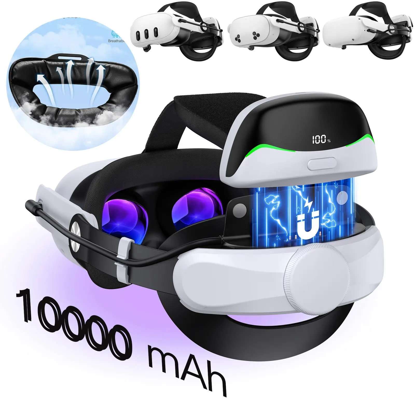 10000mAh Rechargeable Memory Foam Battery Head Strap with Plastic Magnetic Design & Screwdriver, Compatible with Oculus Meta Quest 3/3S/2 Wearables, Electronic Headset Accessory