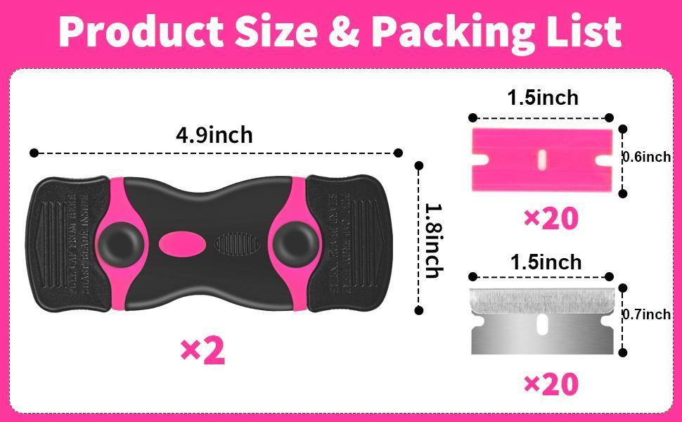Pink Razor Blade Scraper Tool, Cleaning Razor Scraper for Glass, Glass Top Stove Scraper for Oven Door, Razor Scraper Gift for Women, 2-in-1 Scraper Tool Set with 20Pcs Razor Blades for Removing Window Labels (2 Pack)