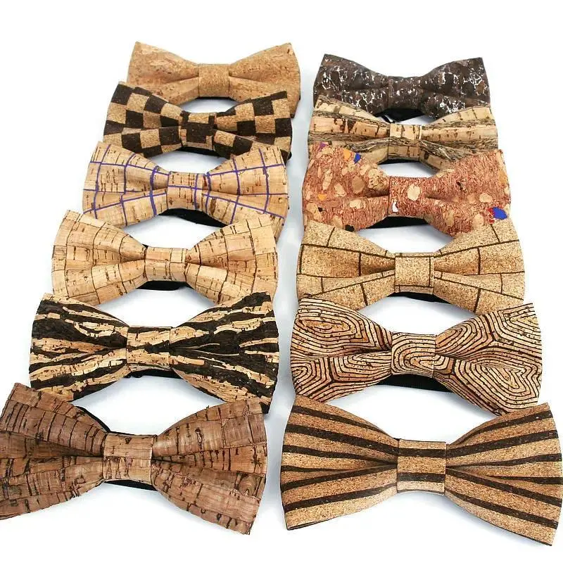 Handmade Bow Tie for Men - Brand New Luxury Flexible Cork Wood Neckwear with Plaid Stripe, Wooden Texture, Bow Detailing, Male Wedding Party Fashion Accessory