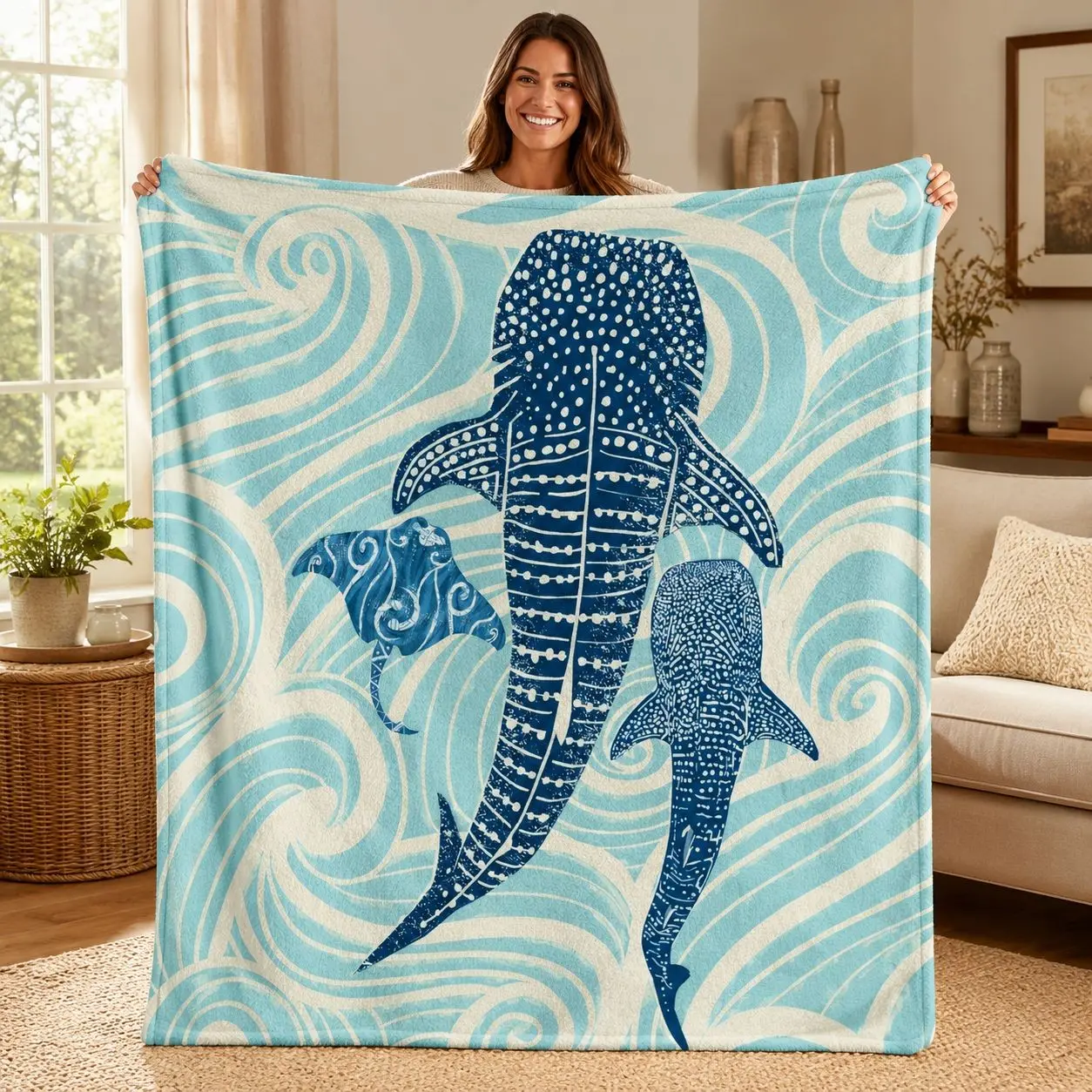 1pc Whale Shark & Stingray Ocean Themed Fleece Blanket, Wave Texture Print, Fresh Blue Tone Style. Soft Blankets Multi-use Throw for Sofa, Bed, Office, Camping, Ideal for Ocean Lovers Gifts, Home Decor Blankets