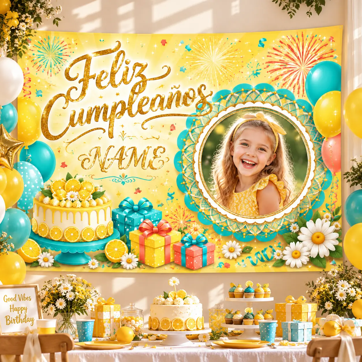 Custom Photo & Name Yellow Birthday Backdrop, Bright Cake Party Decoration with Floral Elements