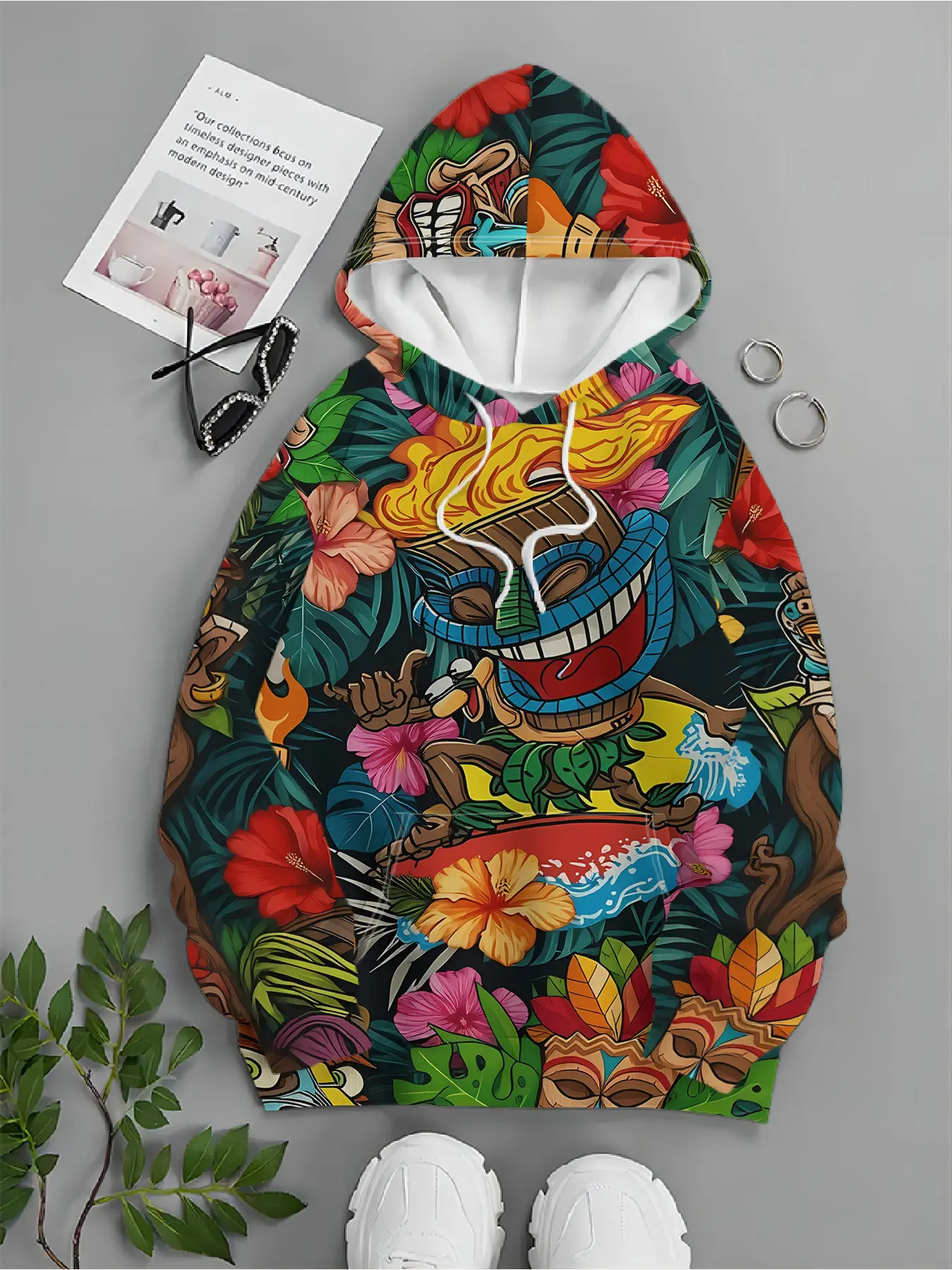 Men'S Hoodie - A Digital Printed Casual Pullover Featuring Hawaiian Style Totems And Tropical Flowers, Suitable For Autumn And Winter Wear. Machine Washable And Perfect For Travel And Daily Wear. Loose Fit