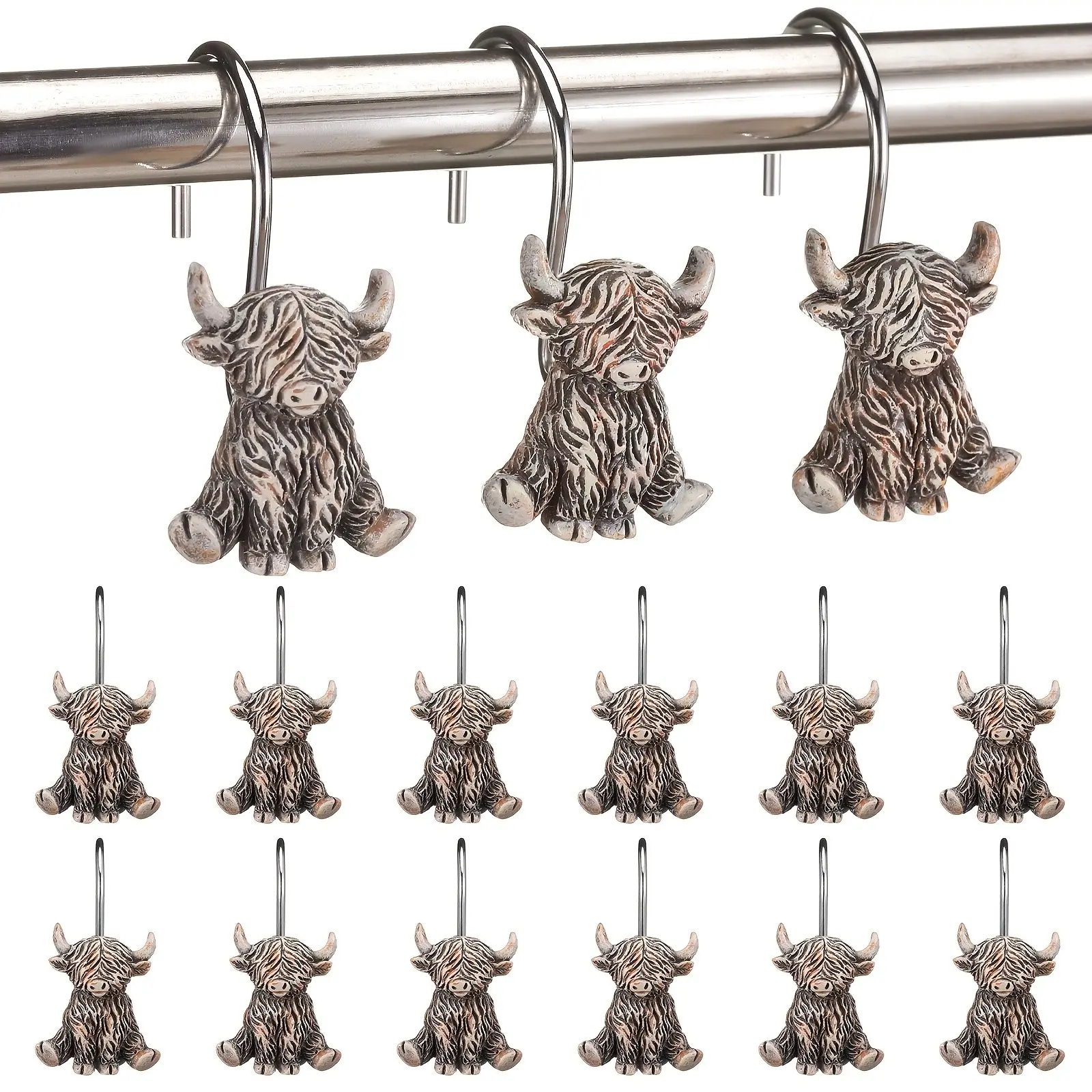 12 Piece Resin High Country Bull Shower Curtain Hooks, Western Rustic Style, Metal Hooks for Curtains, Decorative Bathroom Accessories