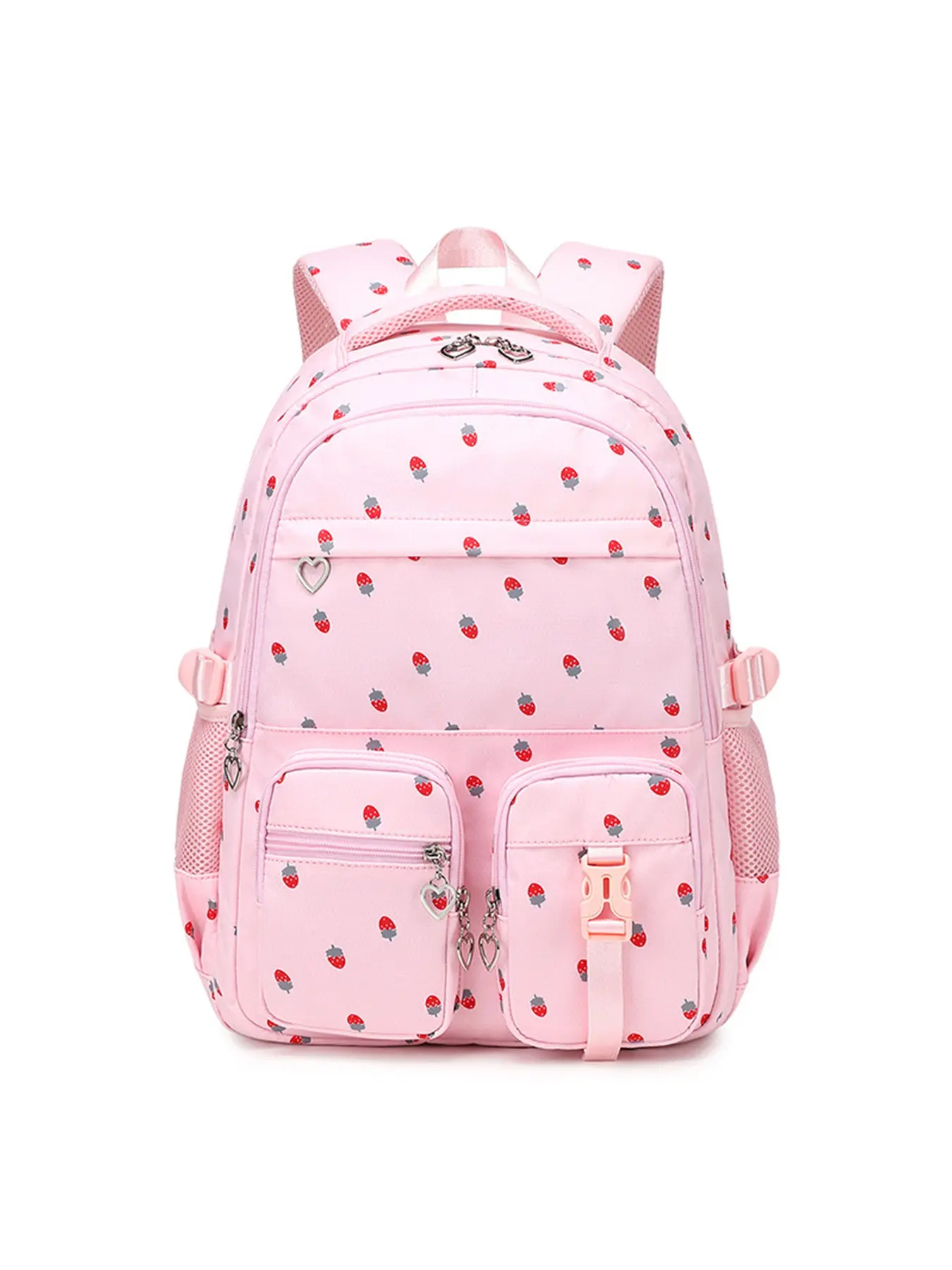 Cute Strawberry Print Backpack, Large Capacity Student Bag with Laptop Compartment, Adjustable Chest Strap, Heart Zipper, Teen Travel Bag